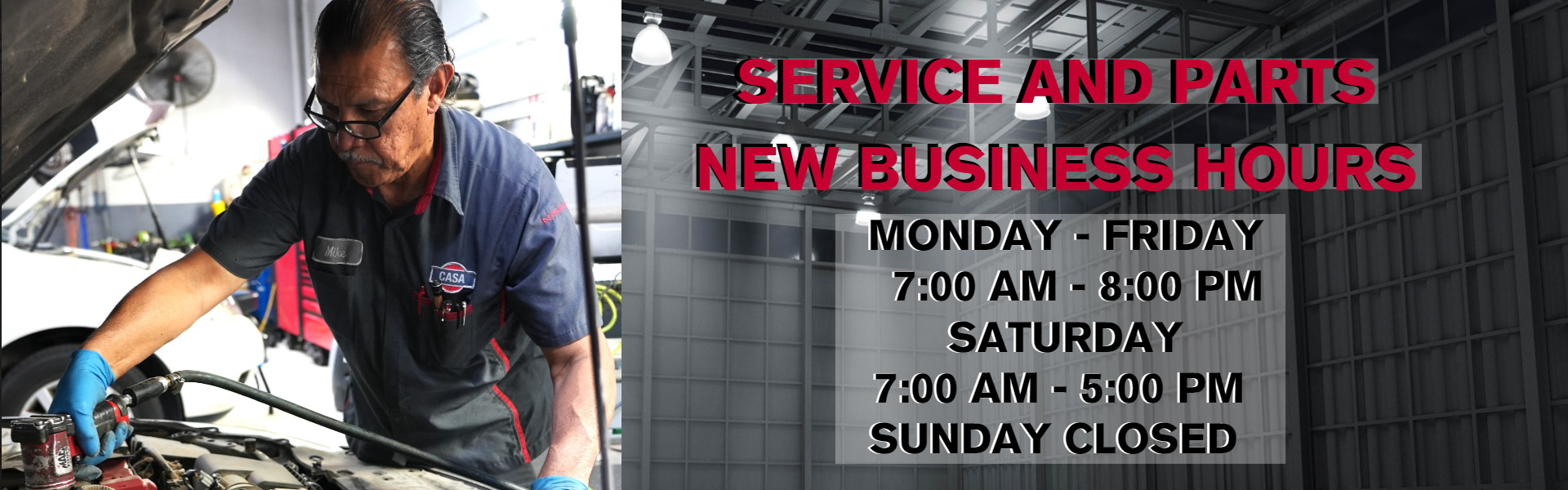 SERVICE AND PARTS NEW HOURS 